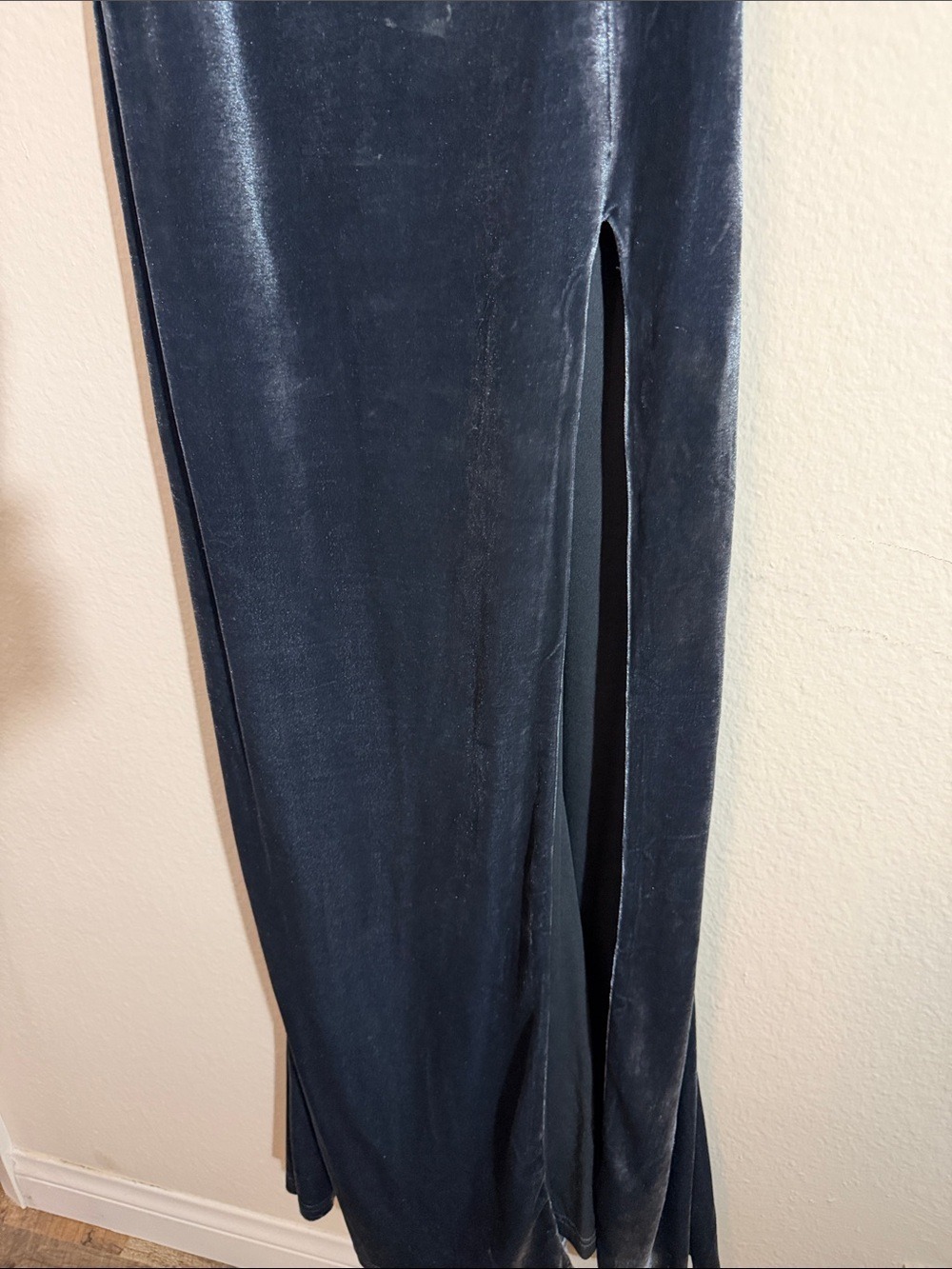 Lulus Charcoal Blue Velvet Spaghetti Strap Maxi Dress High Slit - Picture 6 of 7